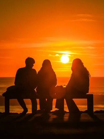 Friends silhouetted on a bench by the sea at sunset